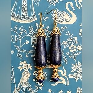 Natural Large Dark Blue Lapis Lazuli Earrings In Gold Plated